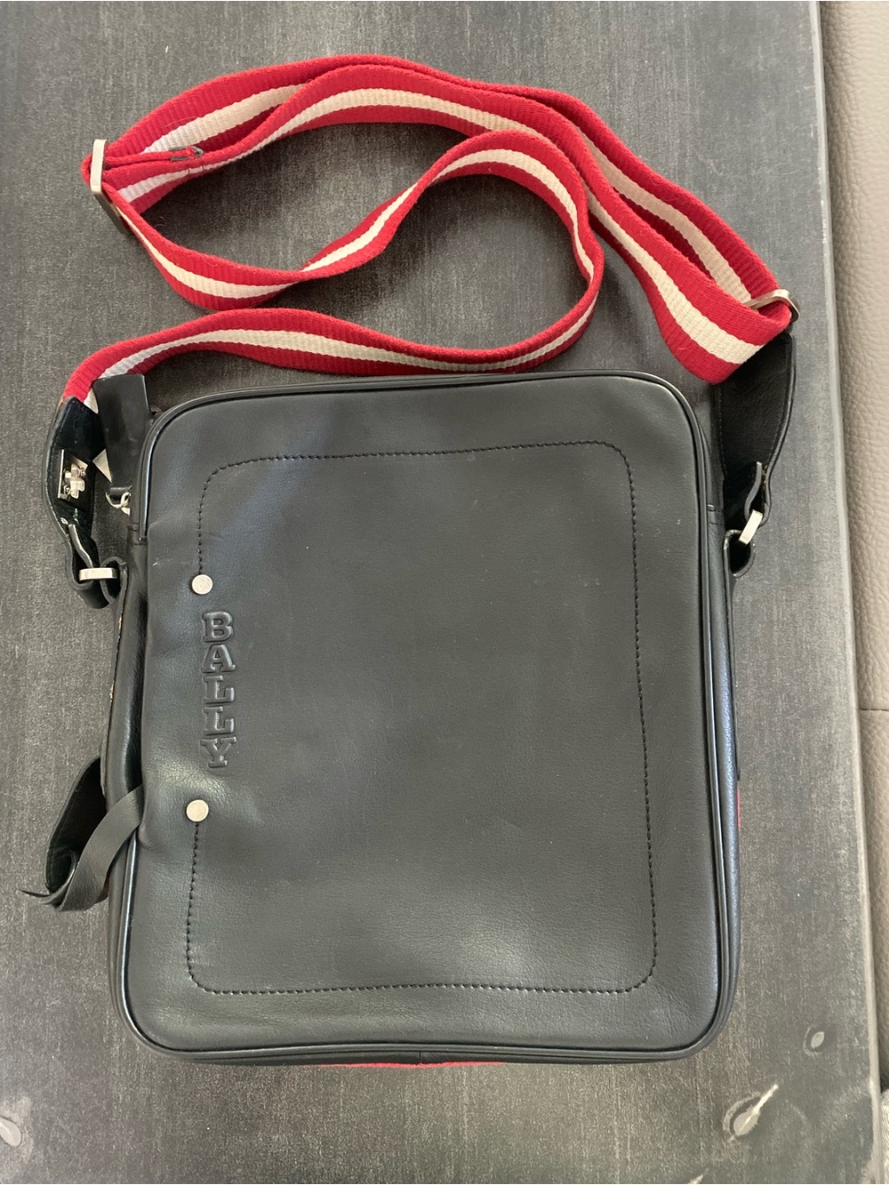 Bally Black Leather Messenger Bag with Red and Cream Strap